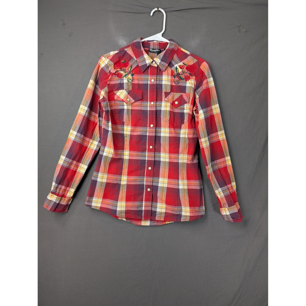 Wrangler Retro Womens Red Plaid Embroidered Western Snap Shirt